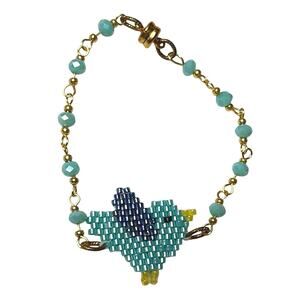 Boutique Beaded Bird Bracelet Turquoise Gold Tone Magnetic Clasp 6”